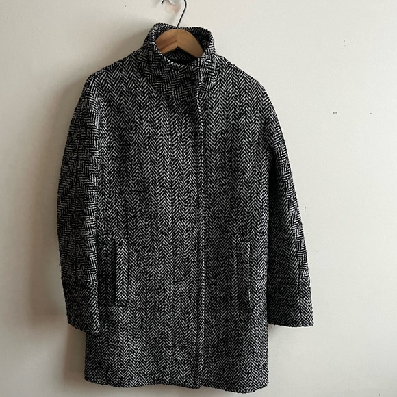 Vtg J. Crew 00 Houndstooth Wool Blend Black and Gray Pea Coat - Picture 3 of 8